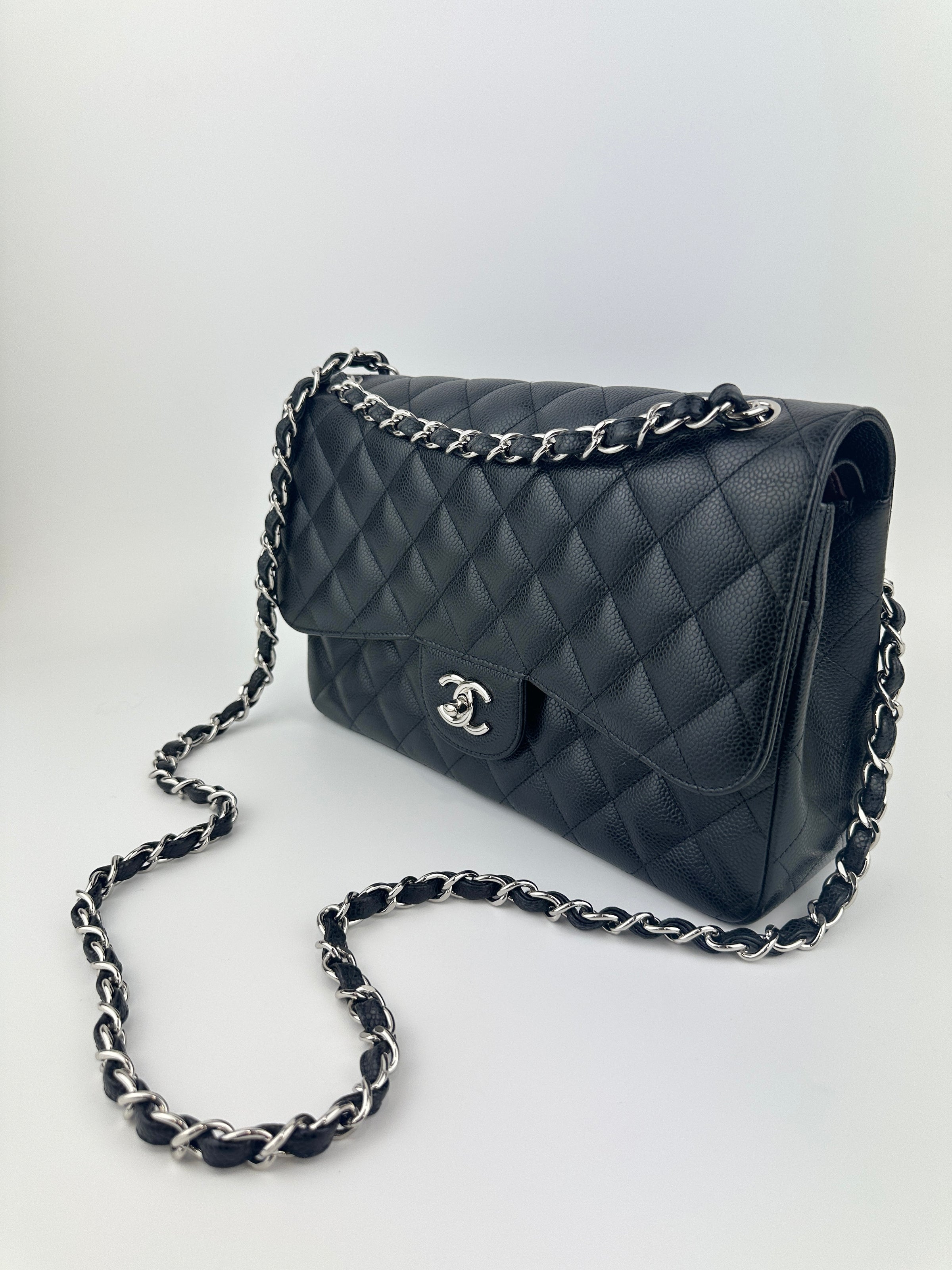 Classic Jumbo Double Flap Black Caviar SHW