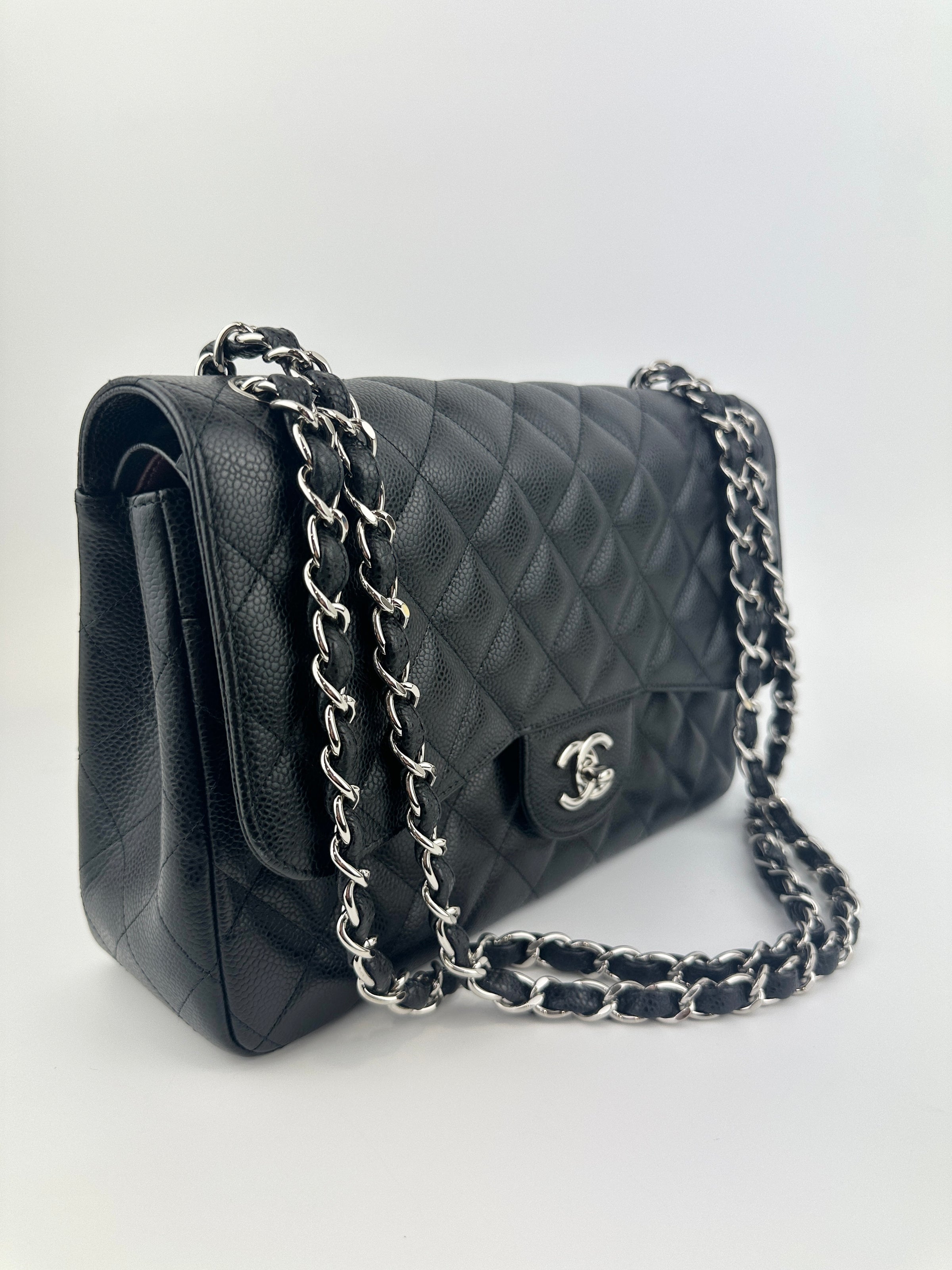 Classic Jumbo Double Flap Black Caviar SHW