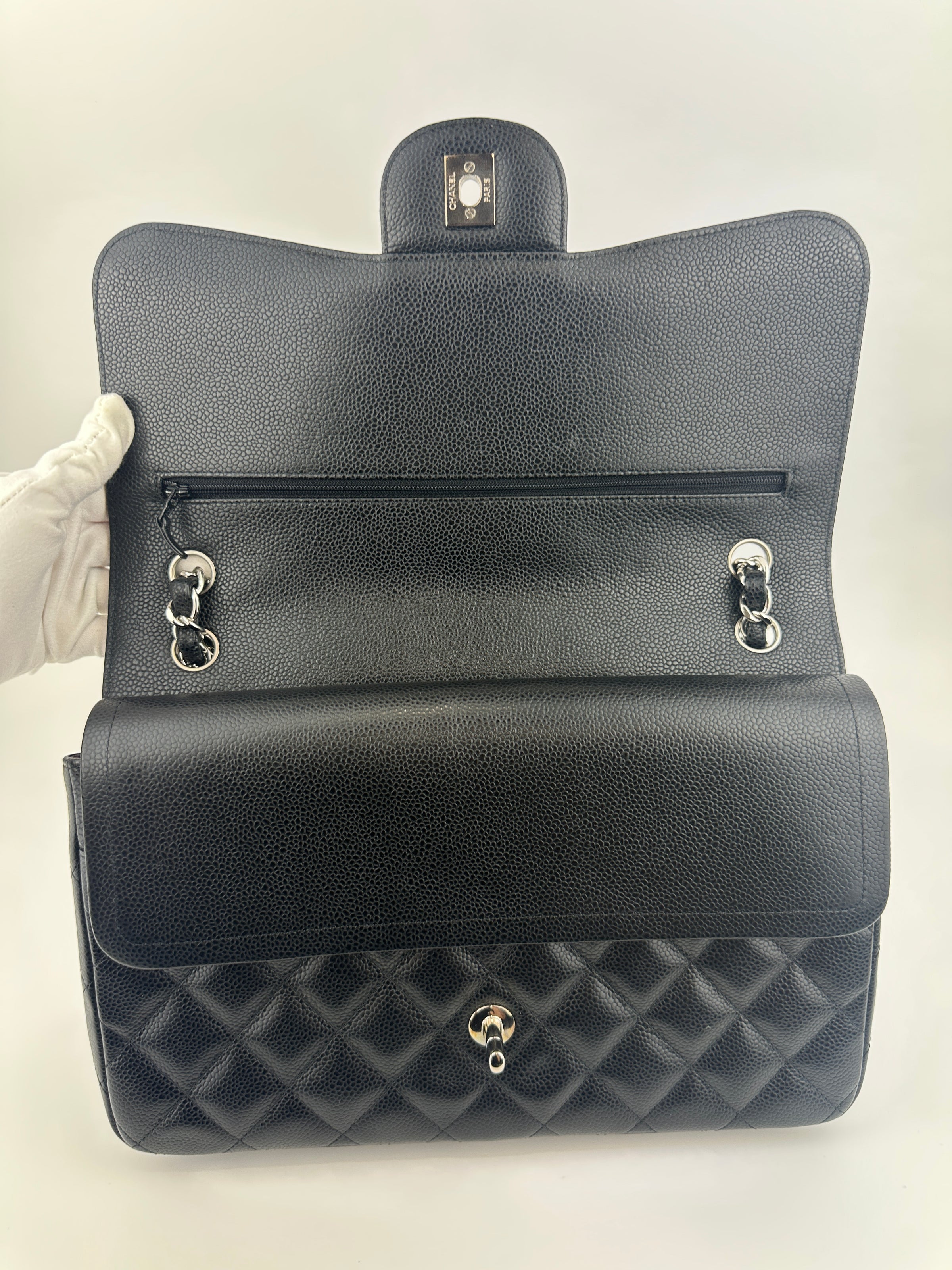 Classic Jumbo Double Flap Black Caviar SHW