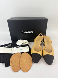 Goatskin Grosgrain Cap Toe CC Slingback Pumps Beige Black Size 37.5