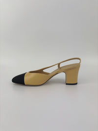 Goatskin Grosgrain Cap Toe CC Slingback Pumps Beige Black Size 37.5