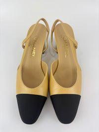 Goatskin Grosgrain Cap Toe CC Slingback Pumps Beige Black Size 37.5