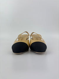 Goatskin Grosgrain Cap Toe CC Slingback Pumps Beige Black Size 37.5