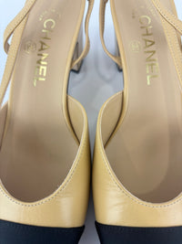 Goatskin Grosgrain Cap Toe CC Slingback Pumps Beige Black Size 37.5