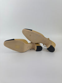 Goatskin Grosgrain Cap Toe CC Slingback Pumps Beige Black Size 37.5