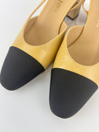 Goatskin Grosgrain Cap Toe CC Slingback Pumps Beige Black Size 37.5