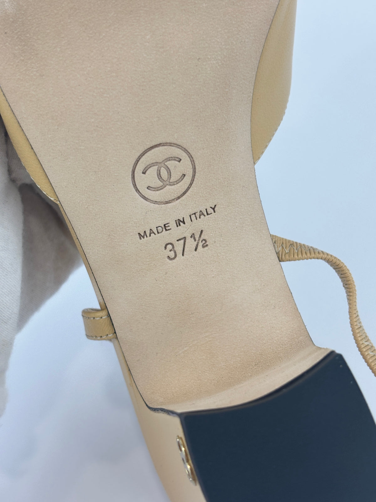 Goatskin Grosgrain Cap Toe CC Slingback Pumps Beige Black Size 37.5