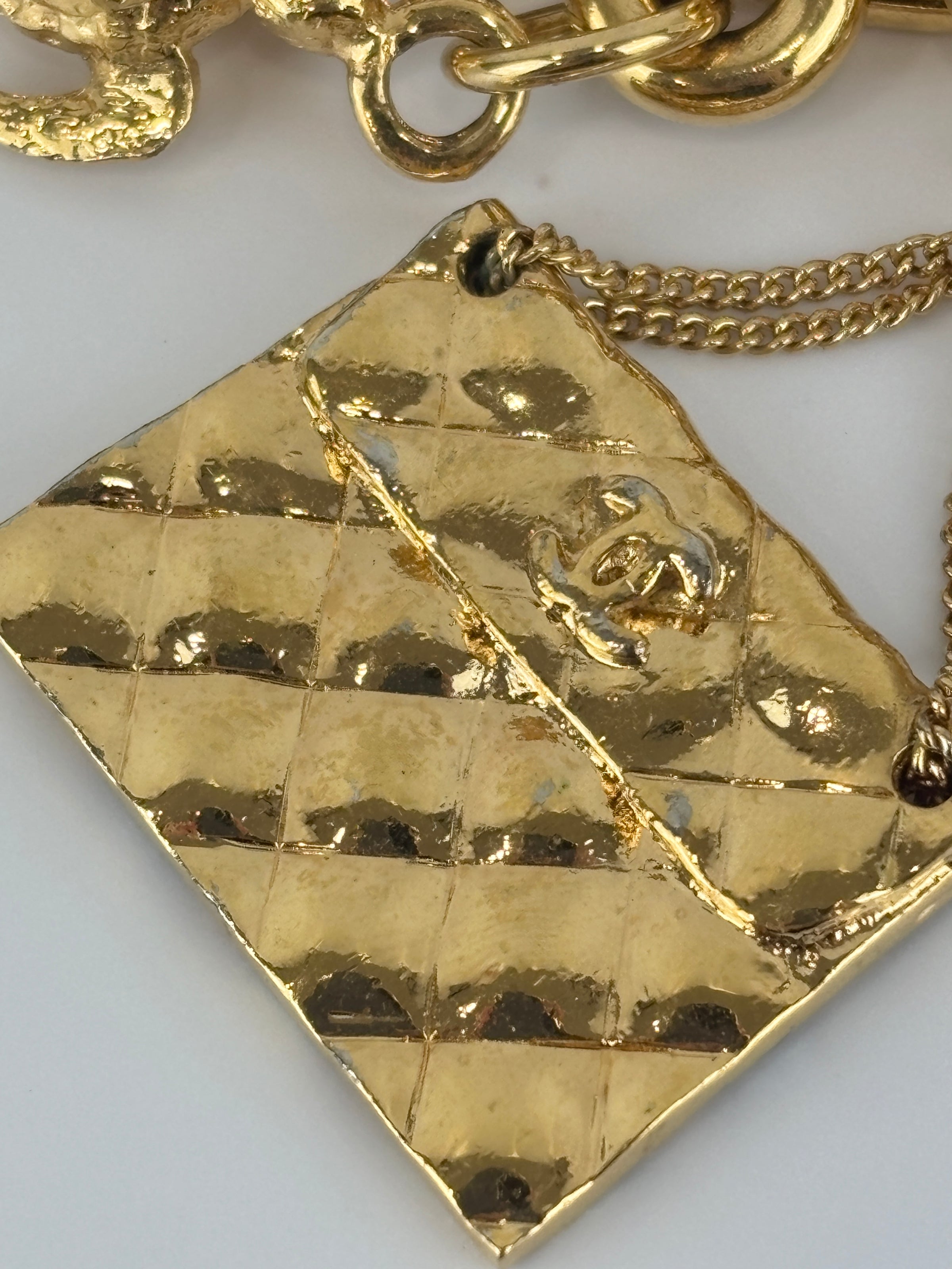 Vintage Textured "Lava" CC Pendant Long Chain Necklace (c. Early 1990s, 24K Gold-Plated Heavy Chain)