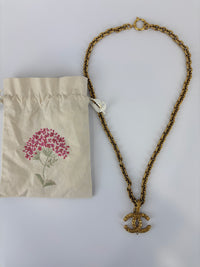 Vintage Textured "Lava" CC Pendant Long Chain Necklace (c. Early 1990s, 24K Gold-Plated Heavy Chain)