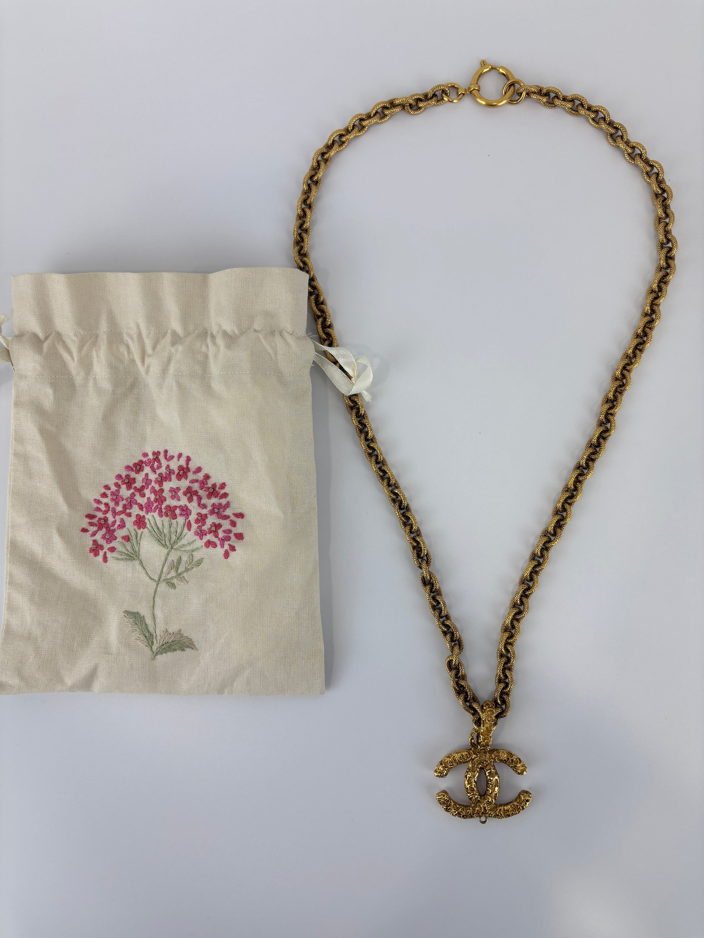 Vintage Textured "Lava" CC Pendant Long Chain Necklace (c. Early 1990s, 24K Gold-Plated Heavy Chain)