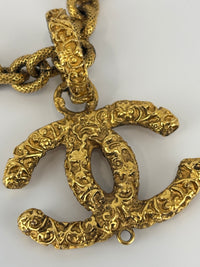 Vintage Textured "Lava" CC Pendant Long Chain Necklace (c. Early 1990s, 24K Gold-Plated Heavy Chain)
