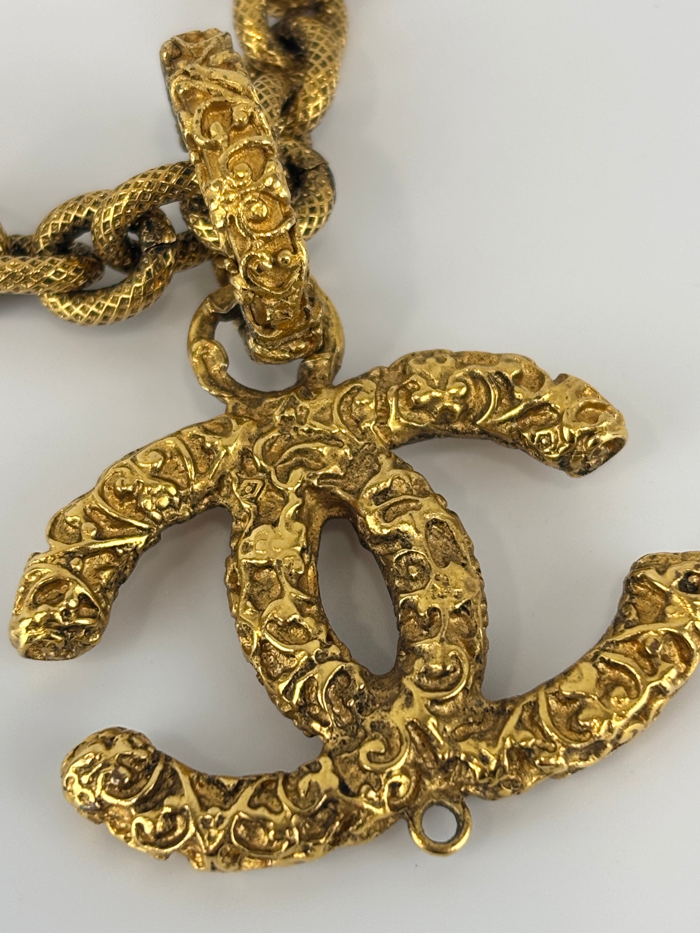 Vintage Textured "Lava" CC Pendant Long Chain Necklace (c. Early 1990s, 24K Gold-Plated Heavy Chain)