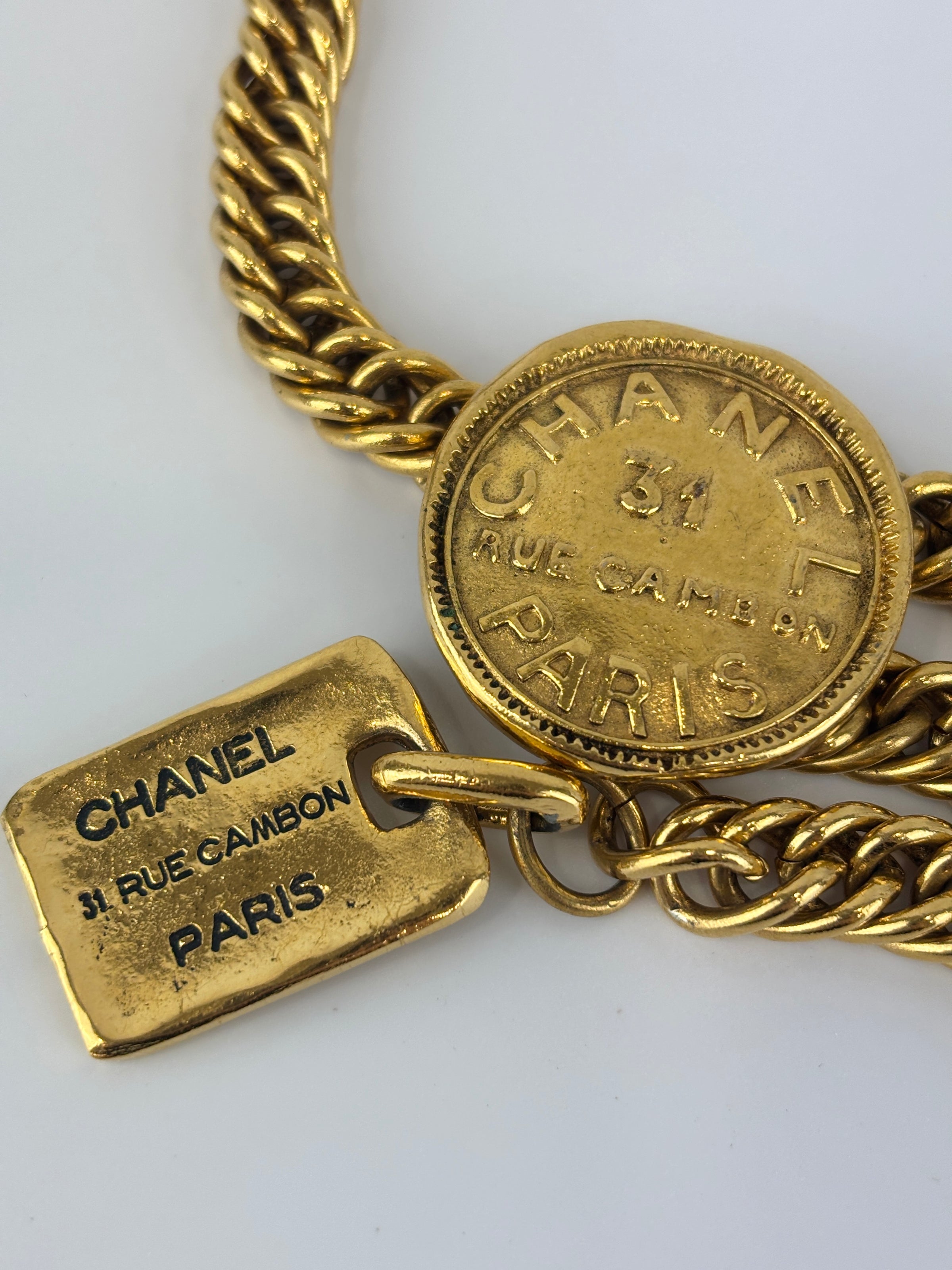 Vintage 31 Rue Cambon Medallion Chain Belt (24K Gold-Plated Heavy Chain & Embossed 31 Rue Cambon Medallion Coins)