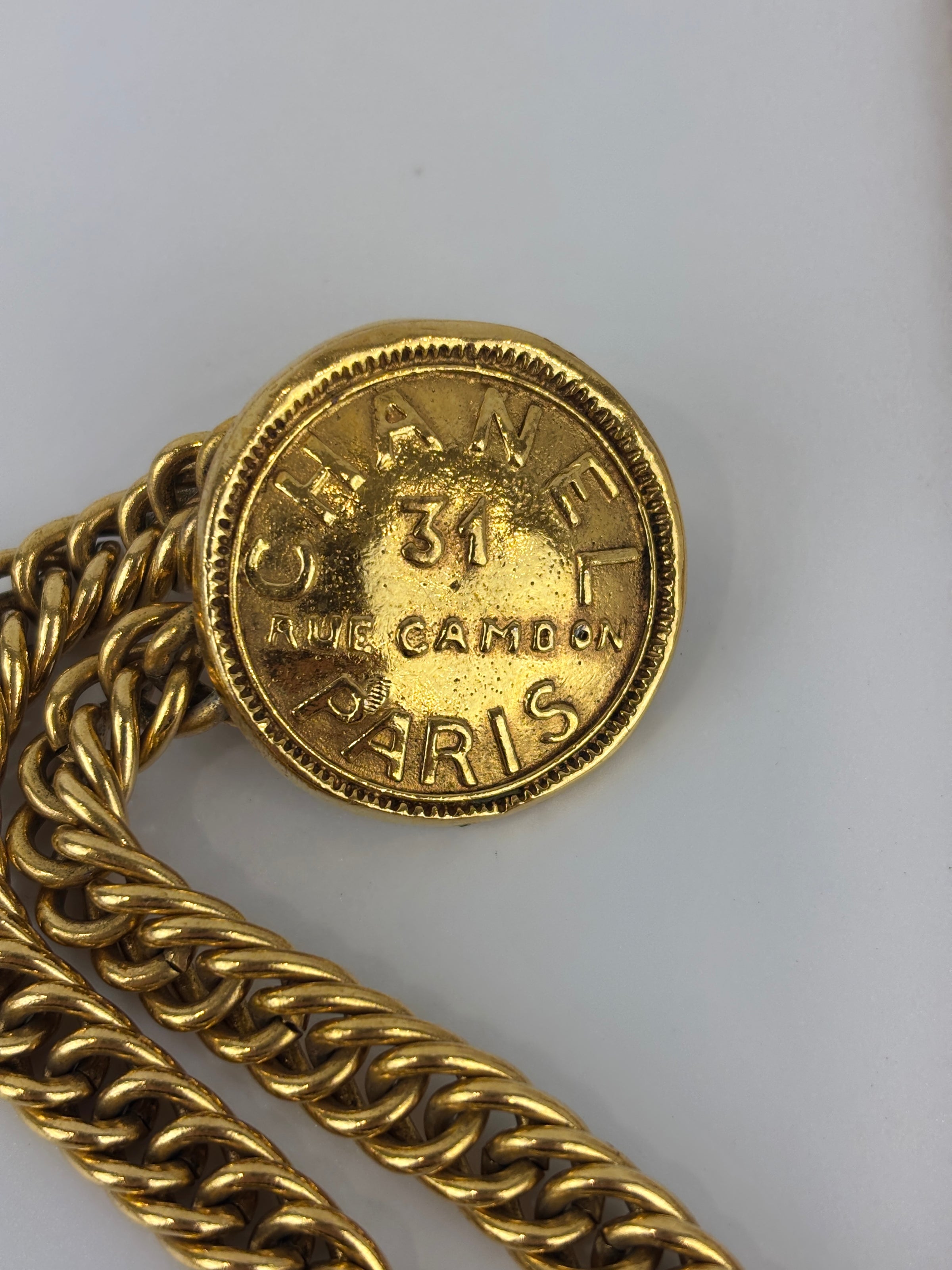 Vintage 31 Rue Cambon Medallion Chain Belt (24K Gold-Plated Heavy Chain & Embossed 31 Rue Cambon Medallion Coins)