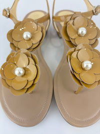 Beige Patent Leather Camellia Flower T-Strap Thong Sandals Size 37C