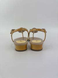 Beige Patent Leather Camellia Flower T-Strap Thong Sandals Size 37C