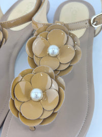 Beige Patent Leather Camellia Flower T-Strap Thong Sandals Size 37C