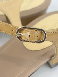 Beige Patent Leather Camellia Flower T-Strap Thong Sandals Size 37C