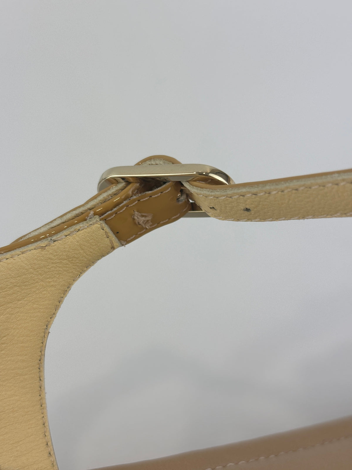 Beige Patent Leather Camellia Flower T-Strap Thong Sandals Size 37C