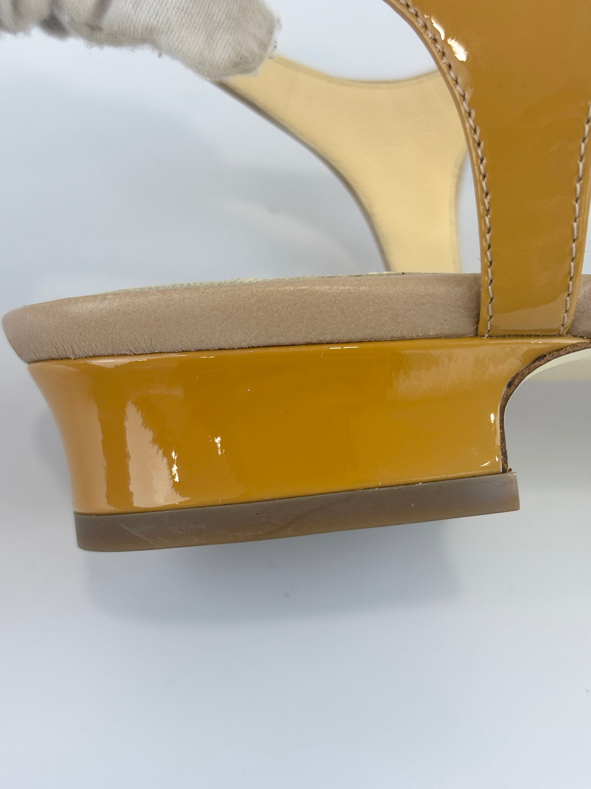 Beige Patent Leather Camellia Flower T-Strap Thong Sandals Size 37C