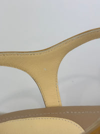 Beige Patent Leather Camellia Flower T-Strap Thong Sandals Size 37C