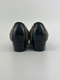 Vara Bow Accent Pumps Gold & Black Metallic Fabric Black Patent Leather Size 6D