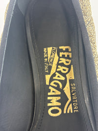 Vara Bow Accent Pumps Gold & Black Metallic Fabric Black Patent Leather Size 6D