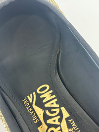 Vara Bow Accent Pumps Gold & Black Metallic Fabric Black Patent Leather Size 6D