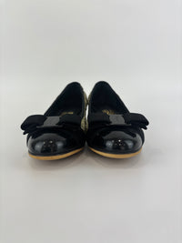 Vara Bow Accent Pumps Gold & Black Metallic Fabric Black Patent Leather Size 6D