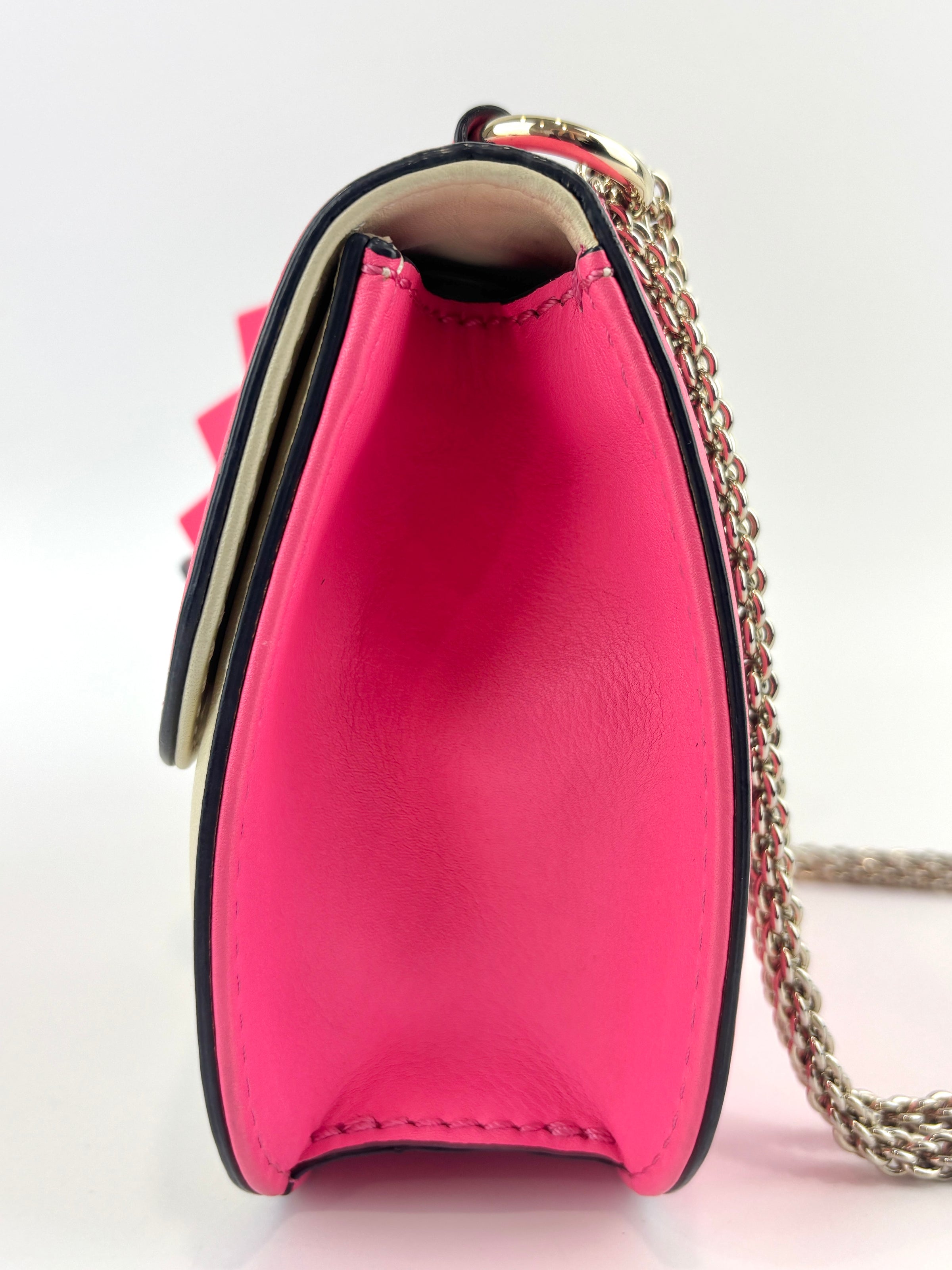 Bicolour Rockstud Glam Lock Chain Bag Neon Pink/White - Glampot