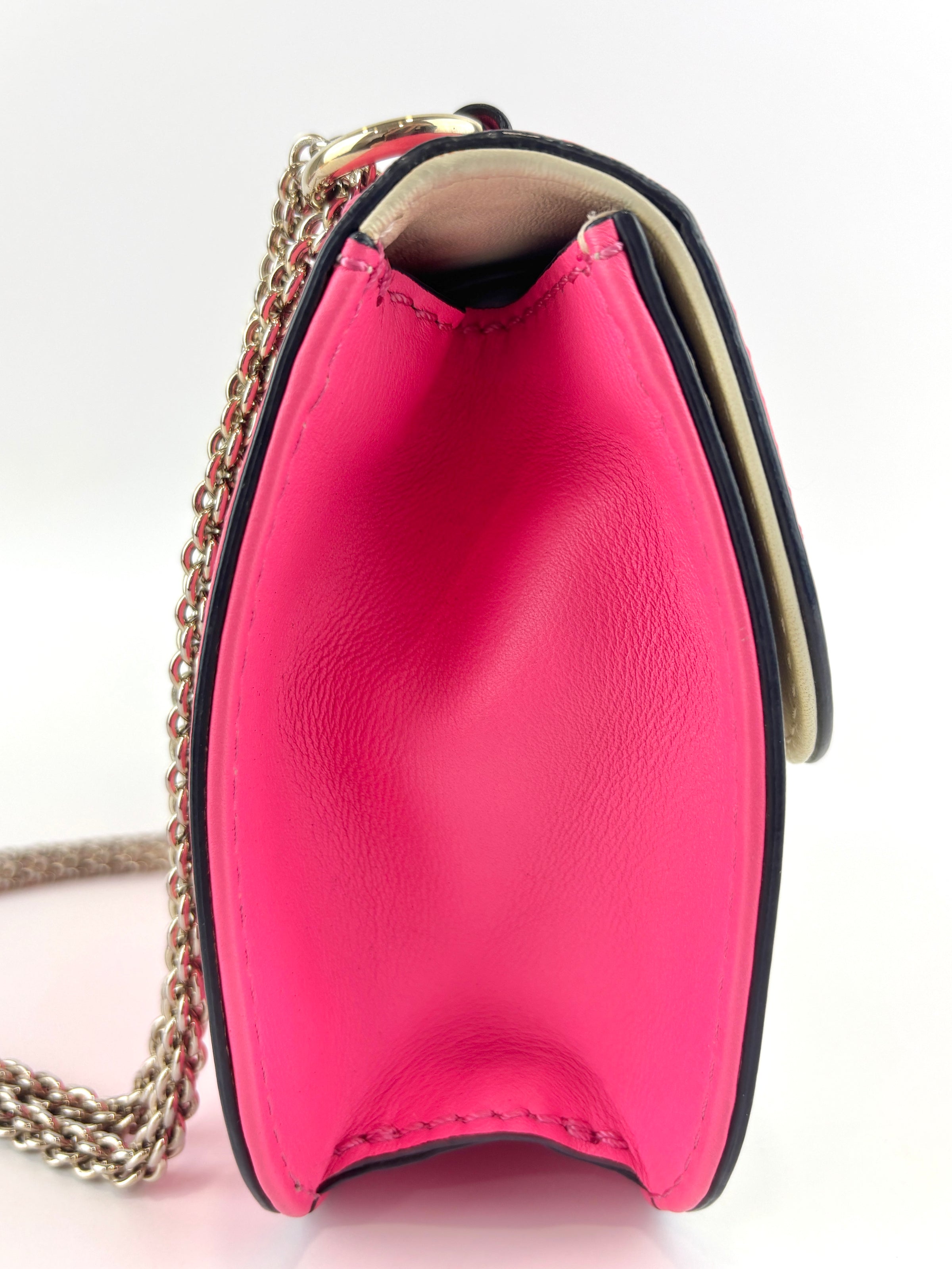 Bicolour Rockstud Glam Lock Chain Bag Neon Pink/White - Glampot