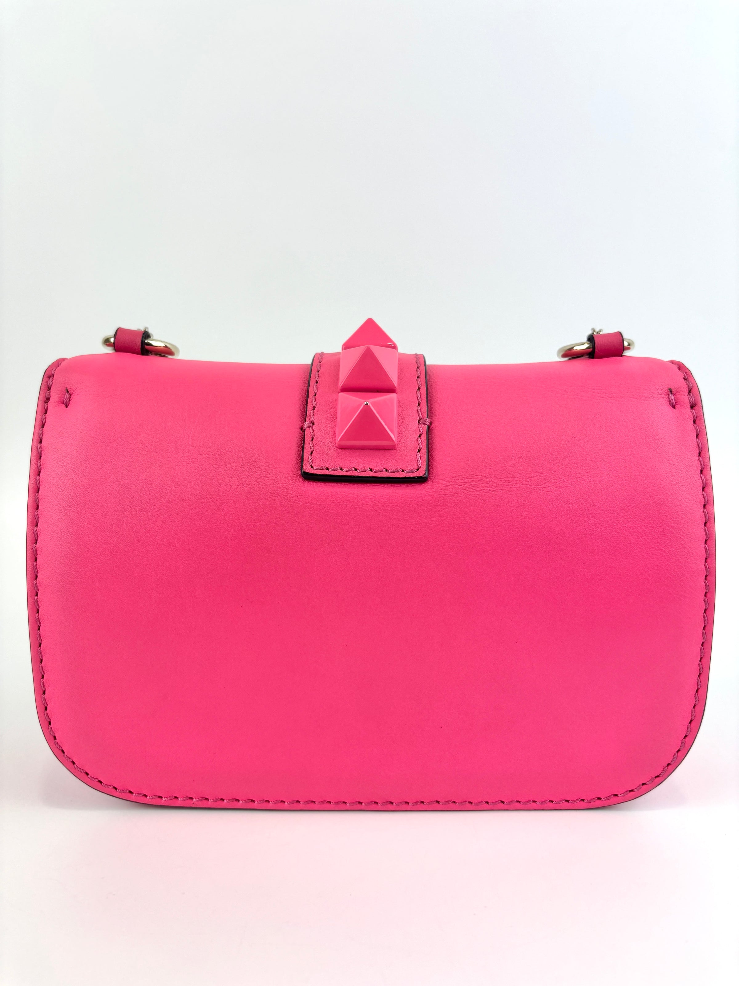 Bicolour Rockstud Glam Lock Chain Bag Neon Pink/White - Glampot