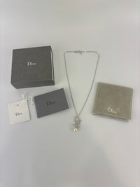 Crystal Pearl Dior Logo Necklace Silver