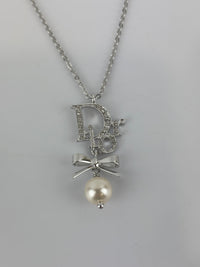 Crystal Pearl Dior Logo Necklace Silver