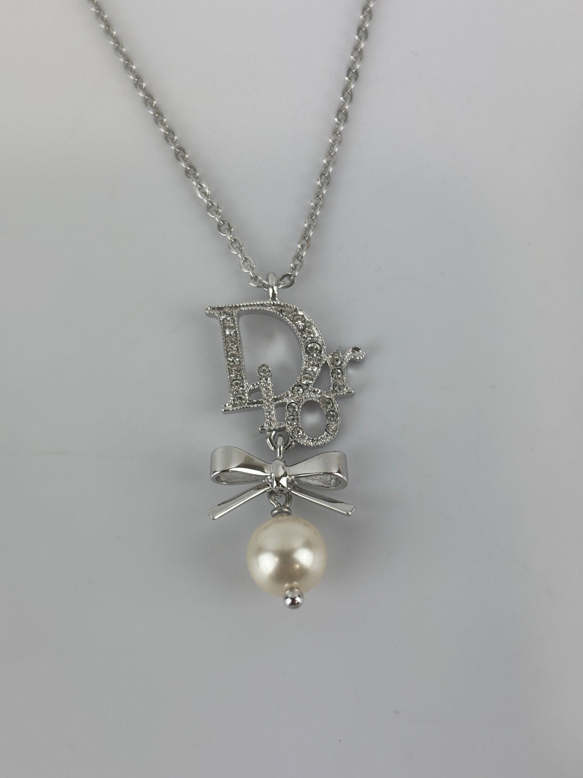 Crystal Pearl Dior Logo Necklace Silver