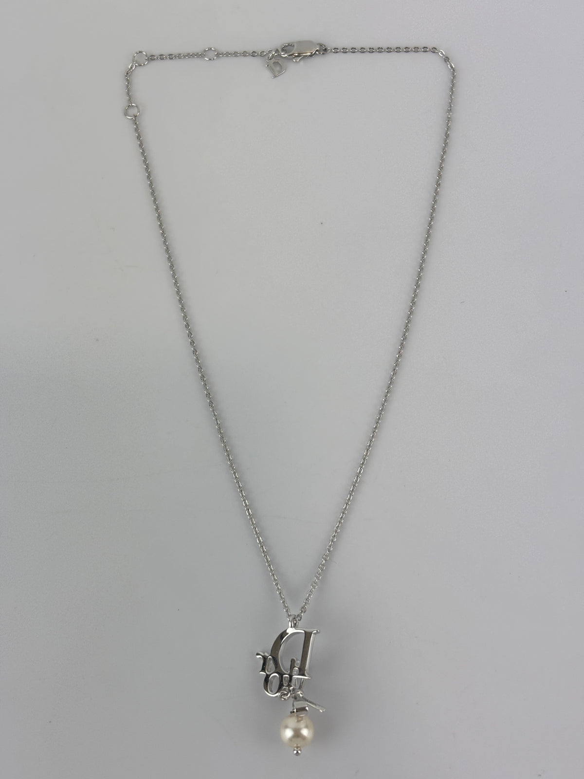 Crystal Pearl Dior Logo Necklace Silver