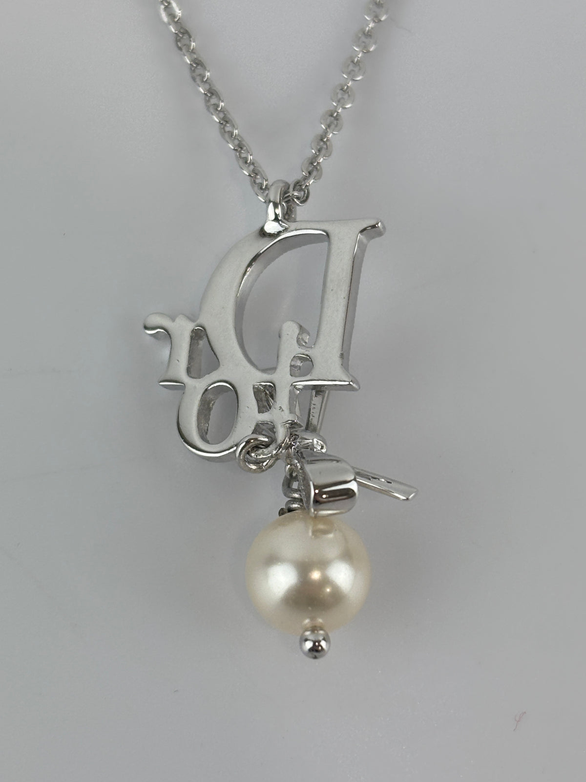 Crystal Pearl Dior Logo Necklace Silver