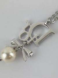 Crystal Pearl Dior Logo Necklace Silver