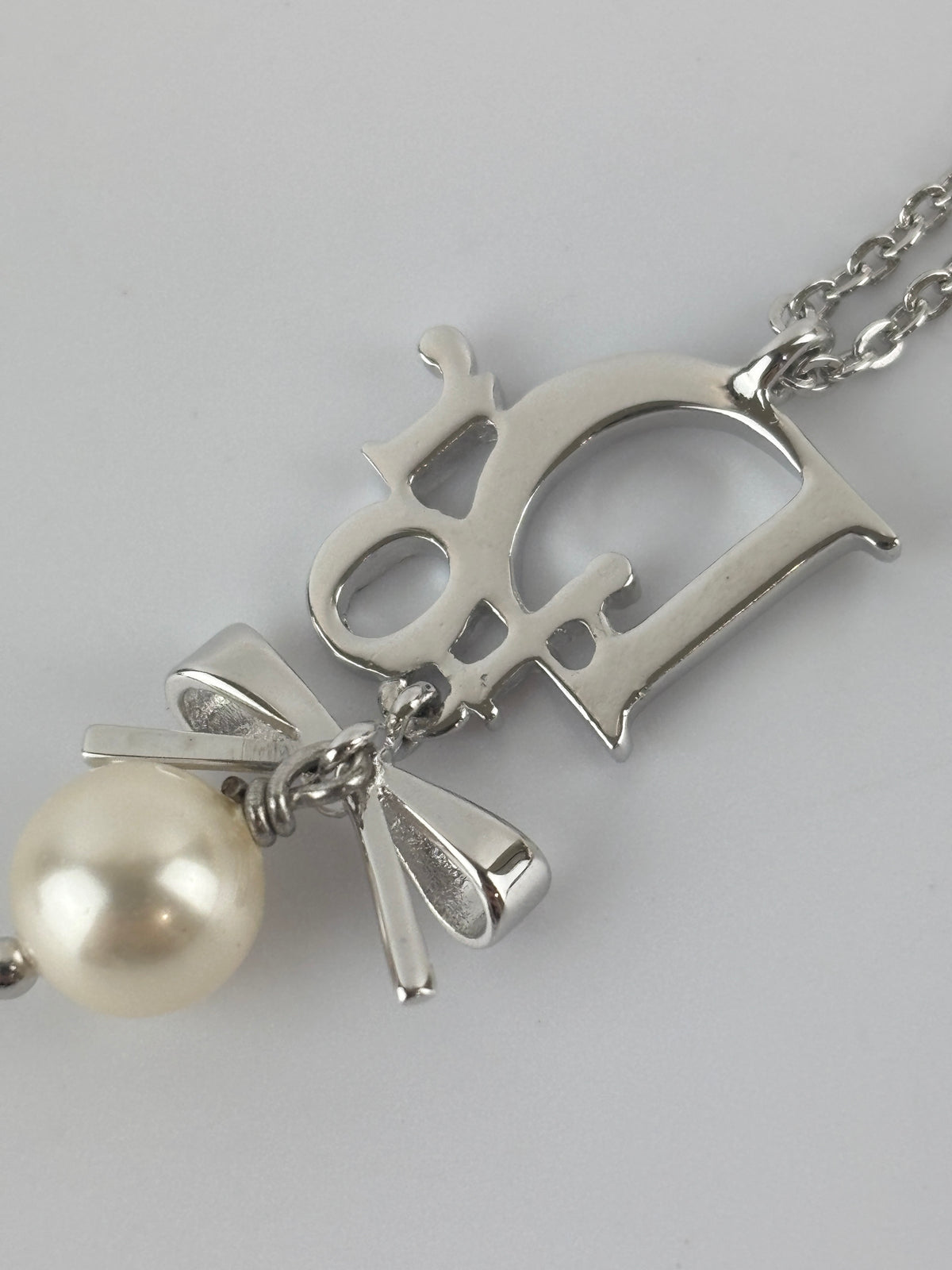 Crystal Pearl Dior Logo Necklace Silver