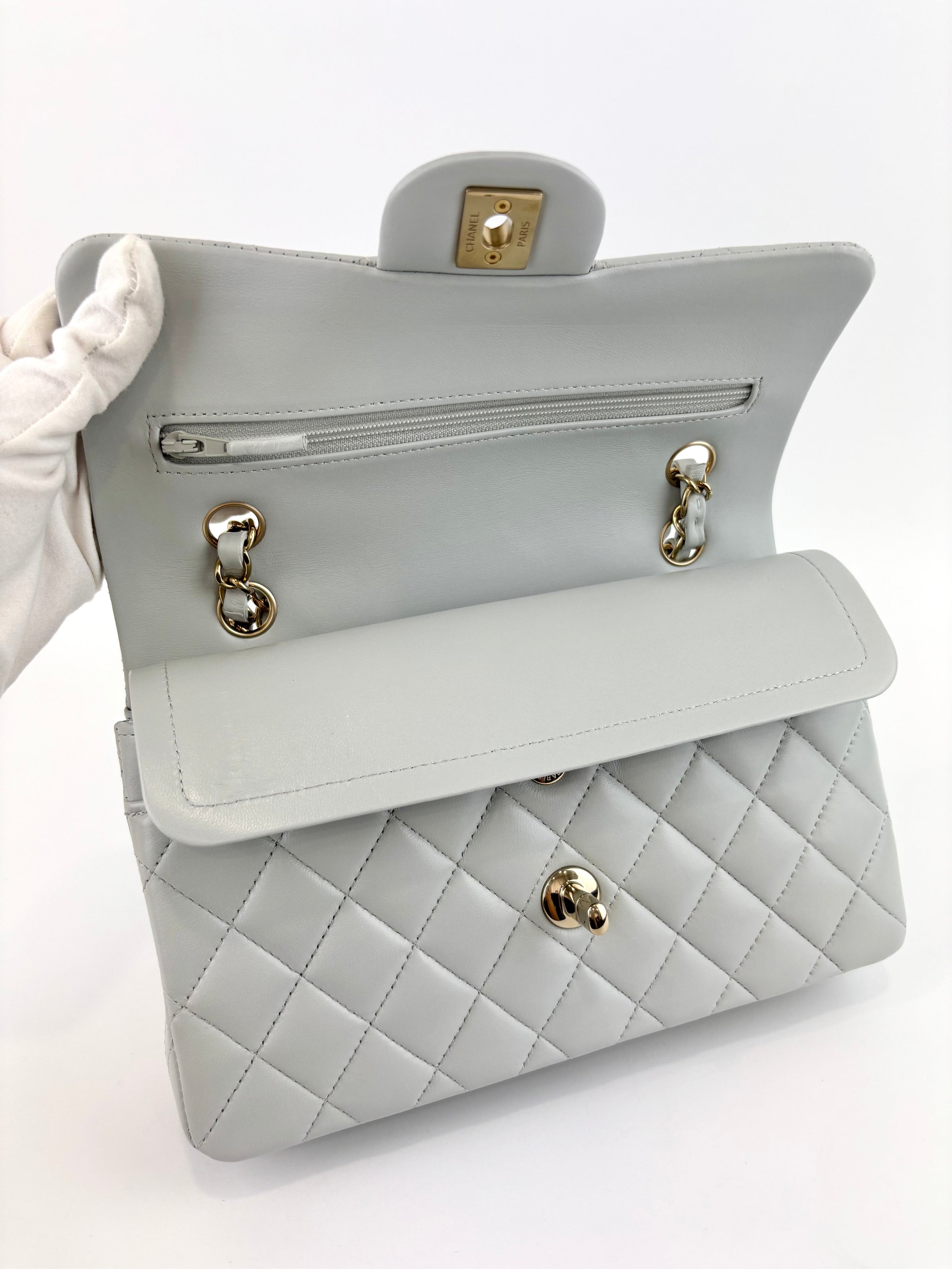 Medium Rectangular Flap Bag Light Blue Grey LGHW (Microchipped) - Glampot