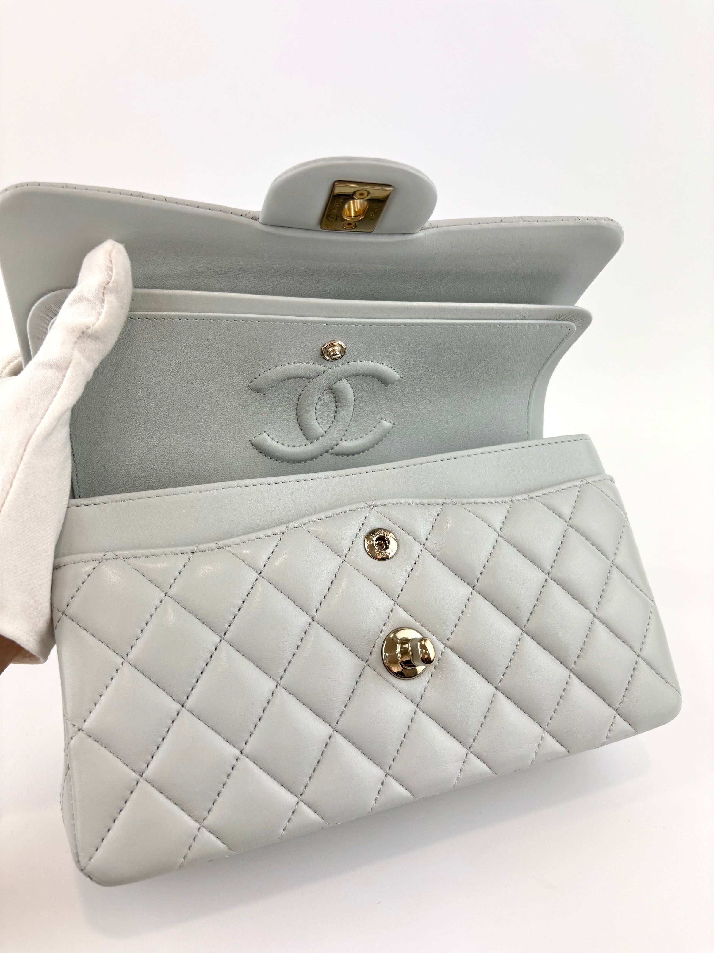 Medium Rectangular Flap Bag Light Blue Grey LGHW (Microchipped) - Glampot