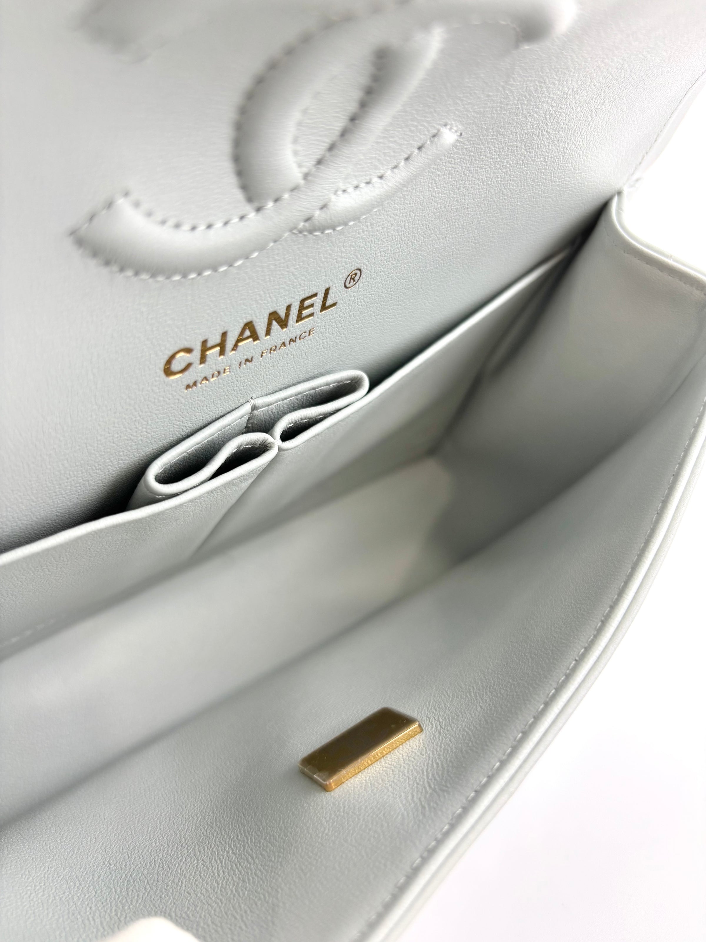 Medium Rectangular Flap Bag Light Blue Grey LGHW (Microchipped) - Glampot