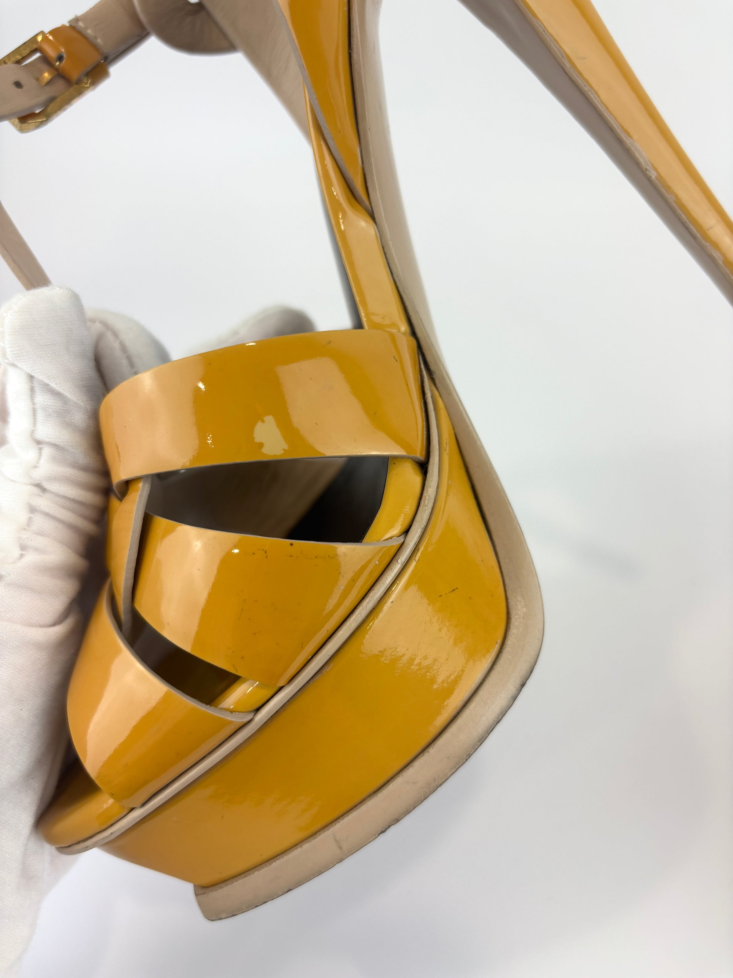 Tribute Patent Leather Platform Sandals Yellow / Beige Size 37.5
