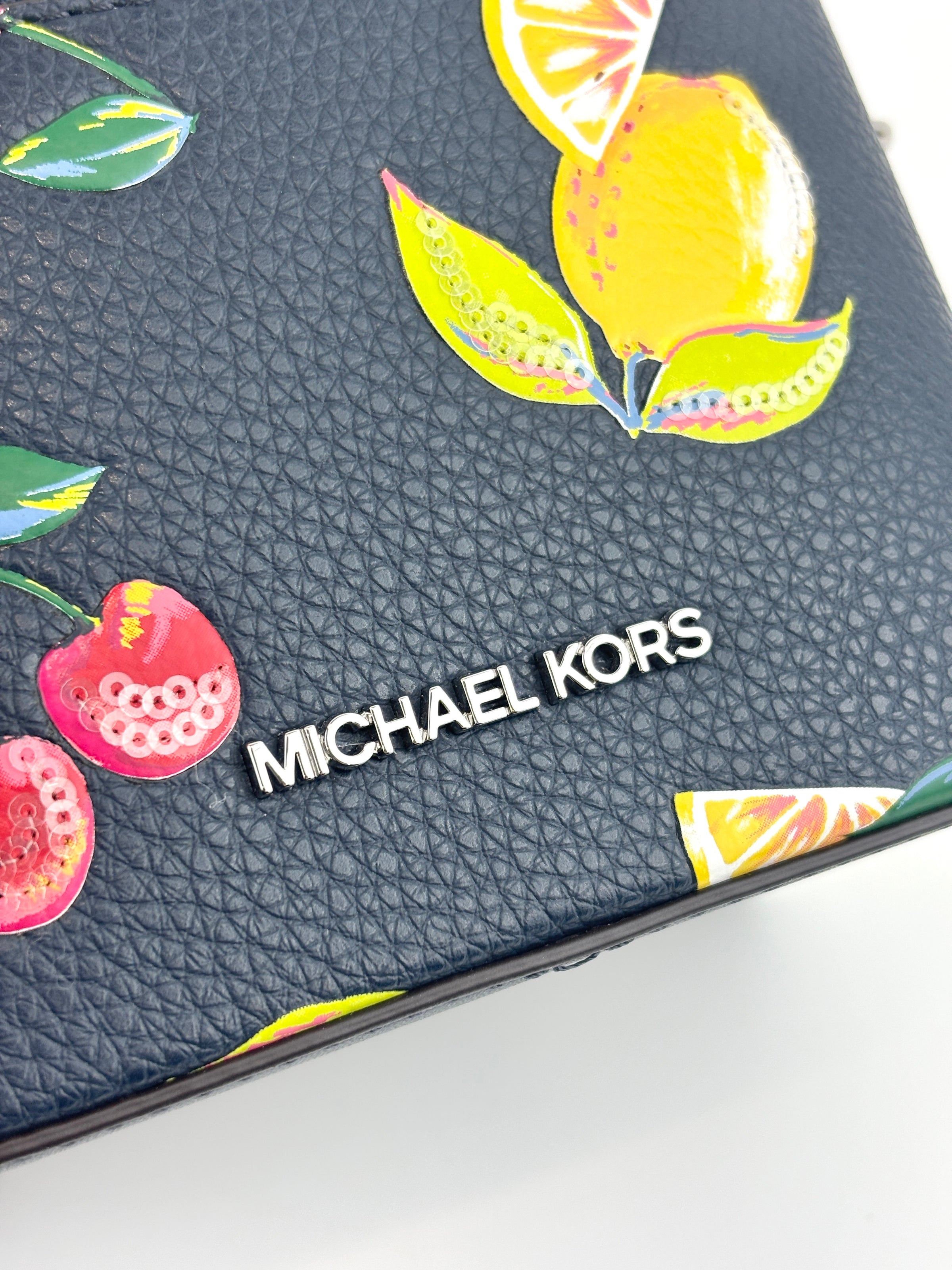 Navy Small Sequined Fruit Print Crossbody Bag - Glampot