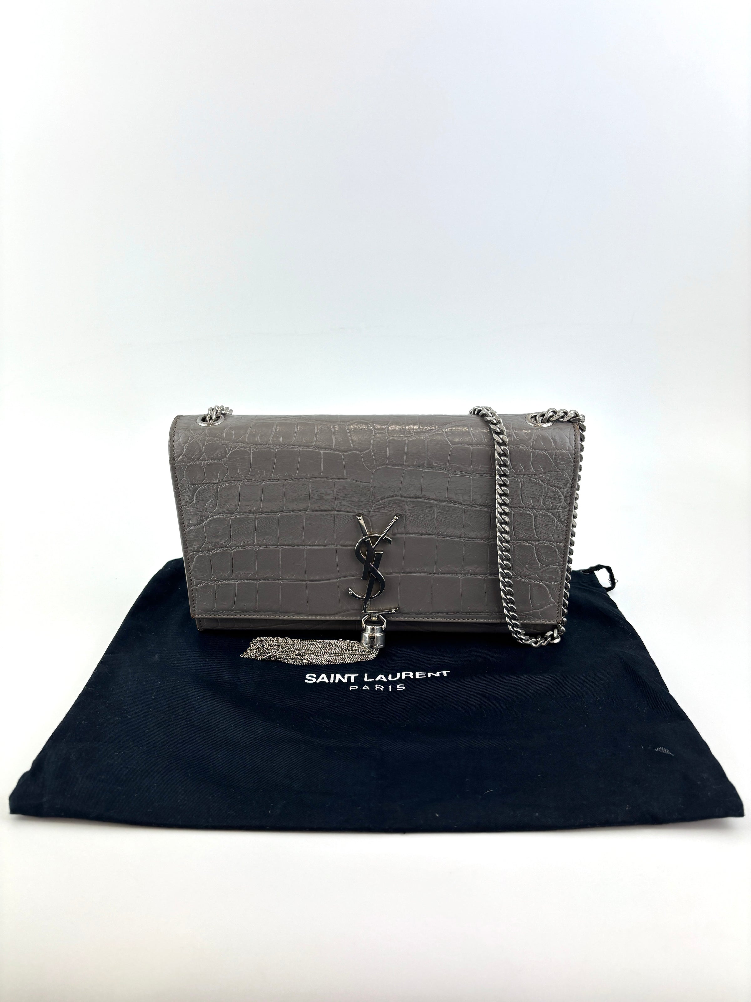 Medium Kate Tassel Grey Croc Embossed SHW