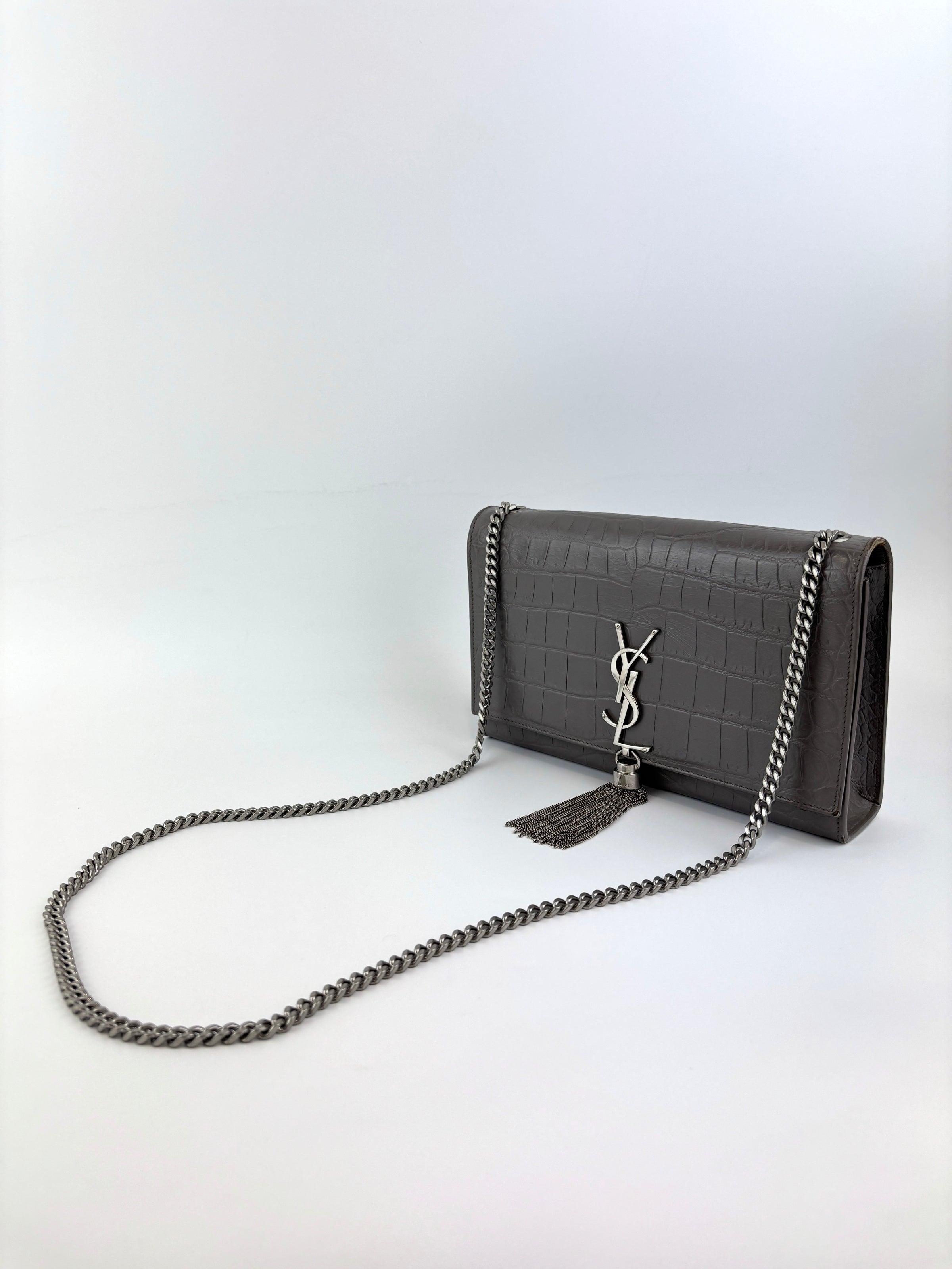 Medium Kate Tassel Grey Croc Embossed SHW