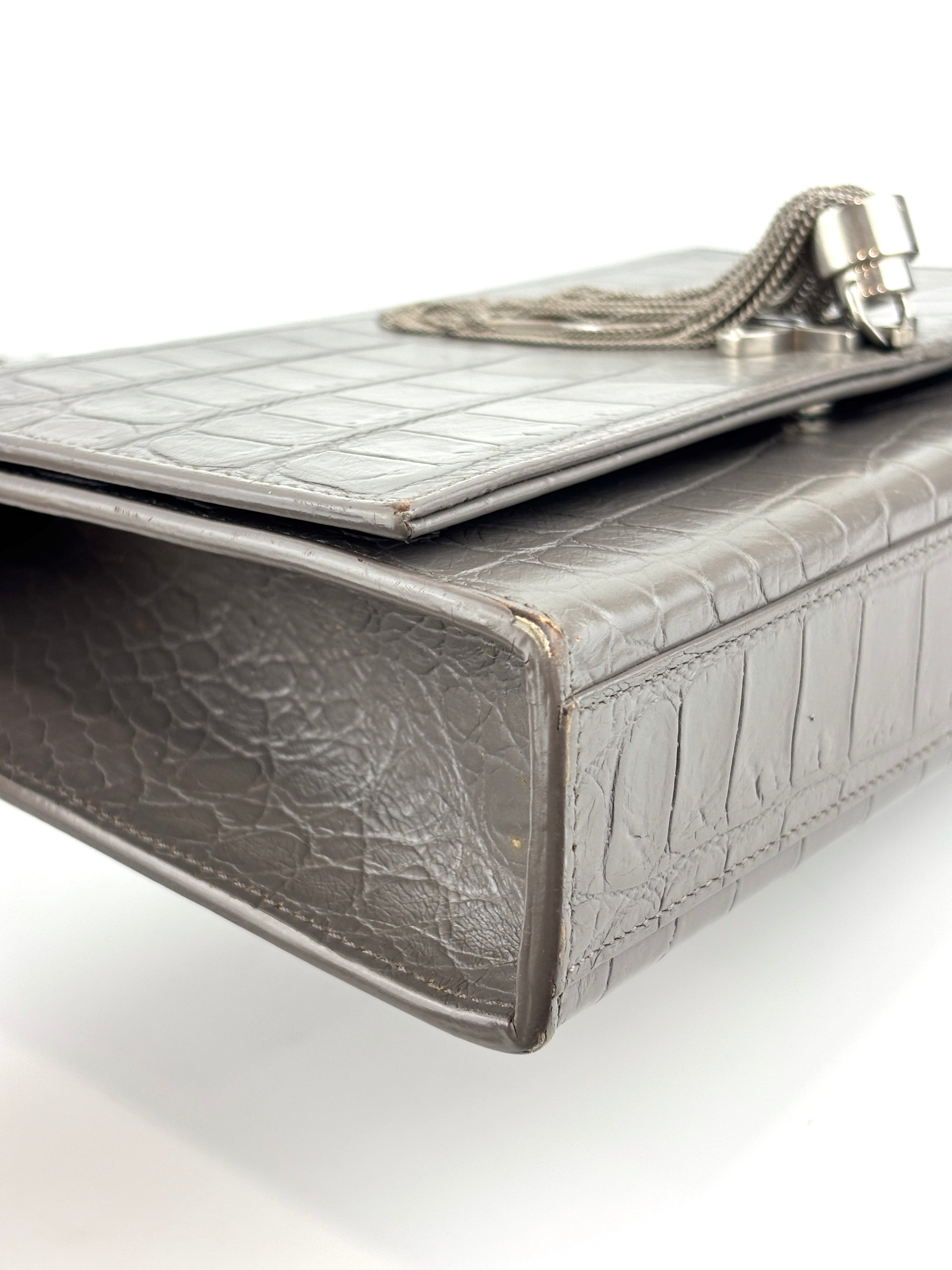 Medium Kate Tassel Grey Croc Embossed SHW