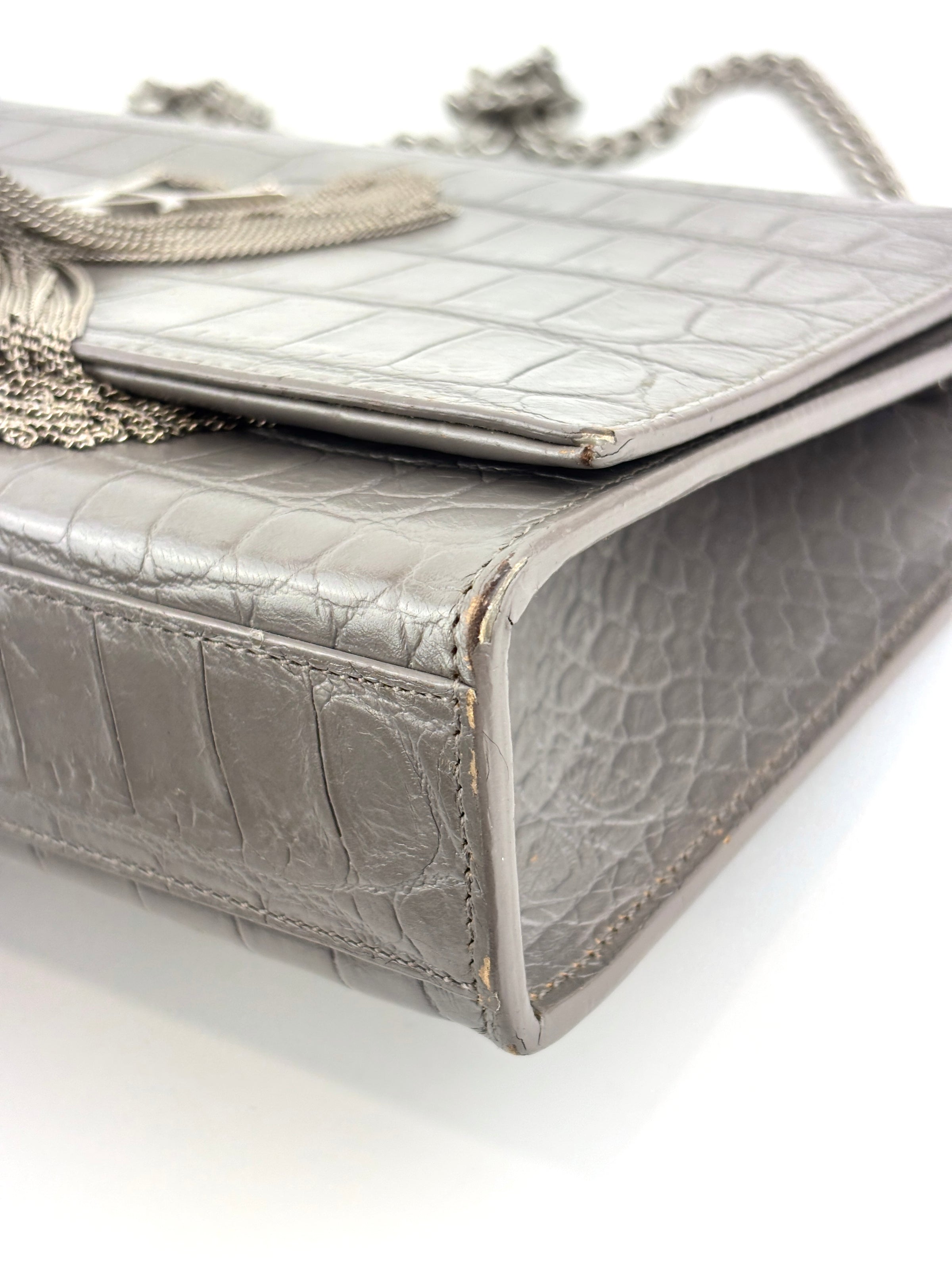 Medium Kate Tassel Grey Croc Embossed SHW