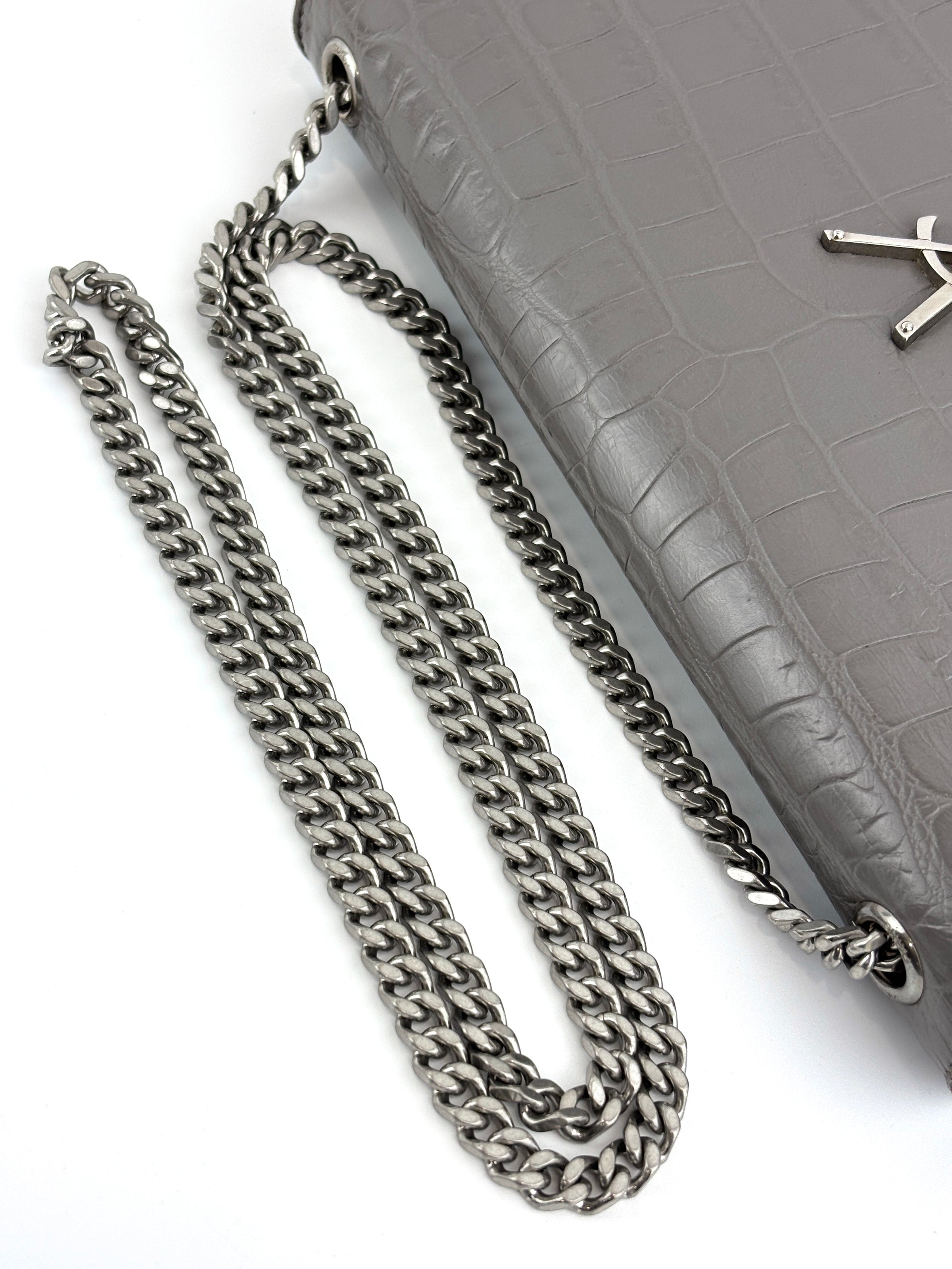 Medium Kate Tassel Grey Croc Embossed SHW