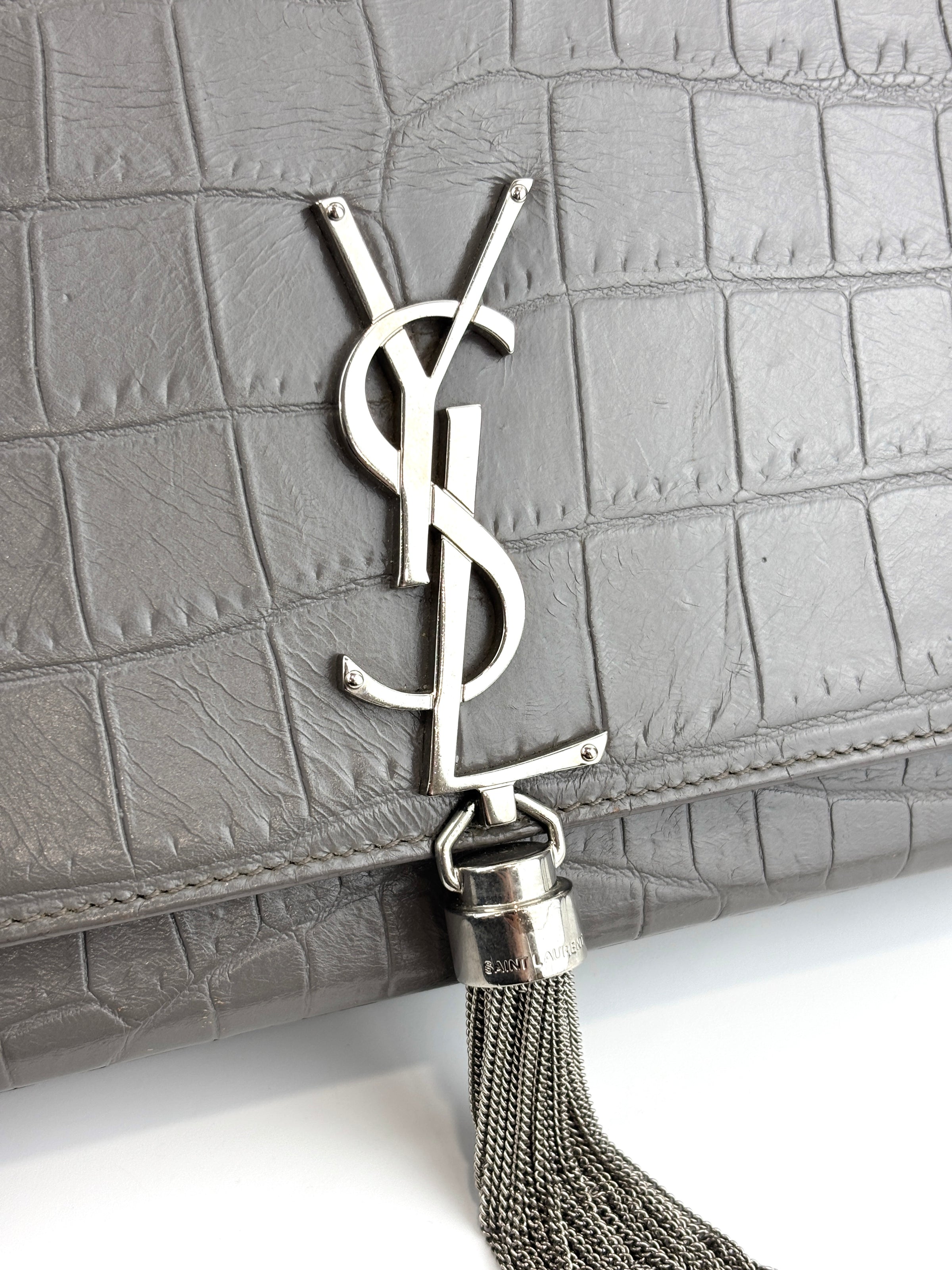 Medium Kate Tassel Grey Croc Embossed SHW